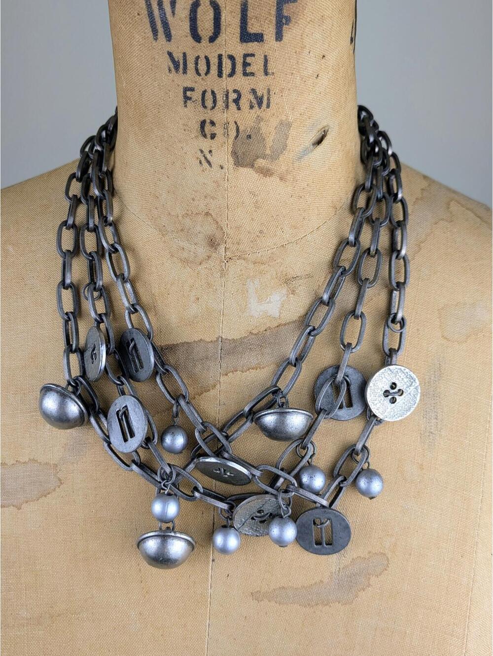 1990's Lello gun metal button chain layered necklace
